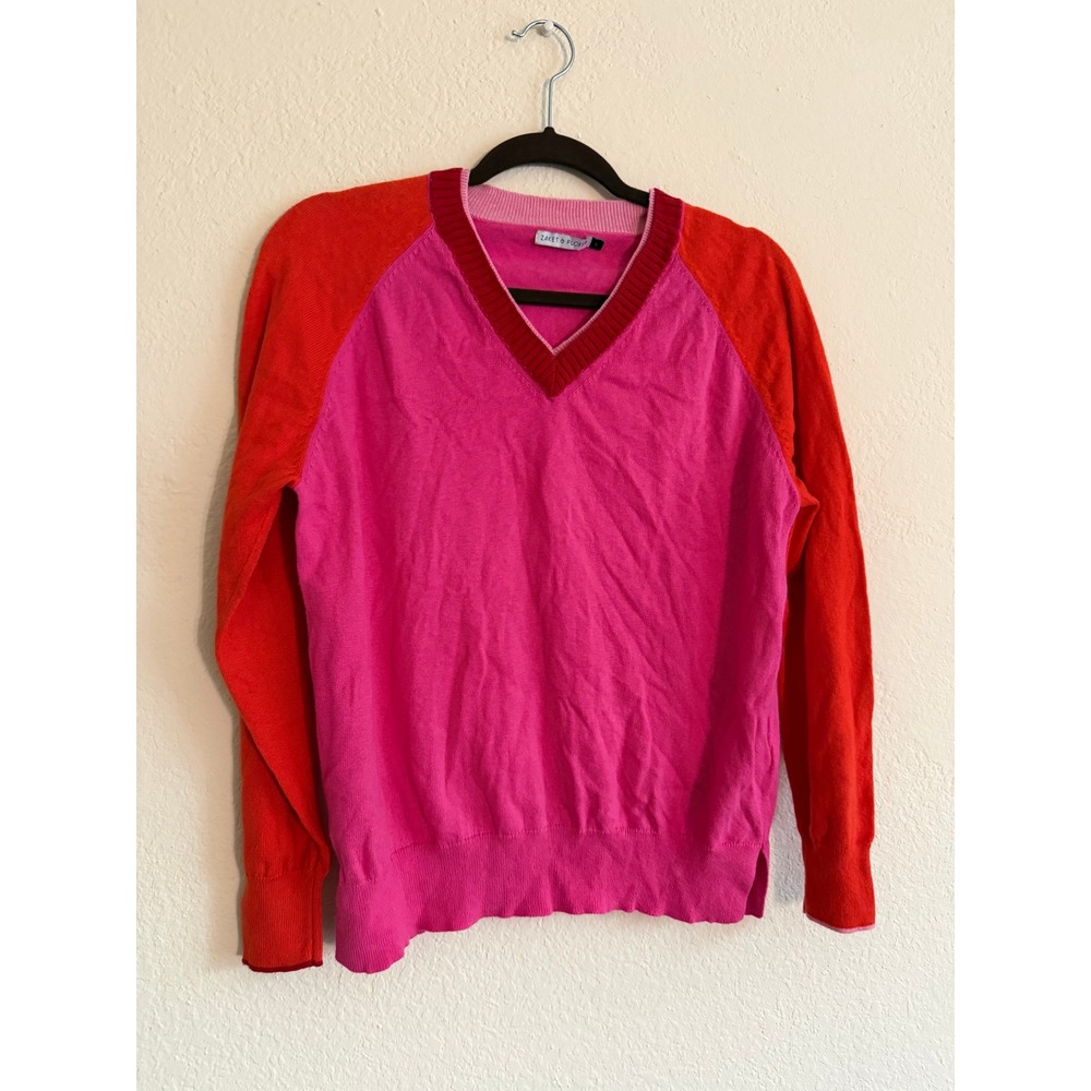Zaket & Plover Womens Pink Orange Colorblock Cotton Cashmere V-Neck Sweater L
